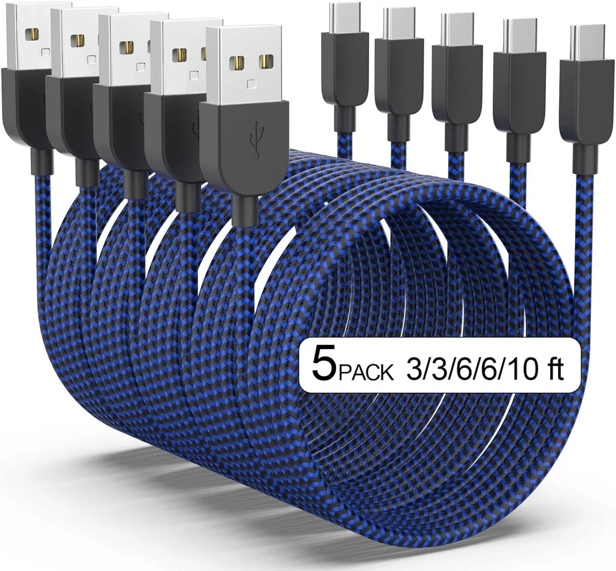 lelisten lelisten USB-A to USB-C Cable 5-Pack 3/3/6/6/10ft 3.1A Blue — product photo