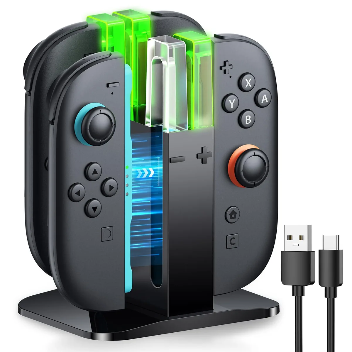 Black compact charger dock for Nintendo Switch 2 controllers with LED status bar