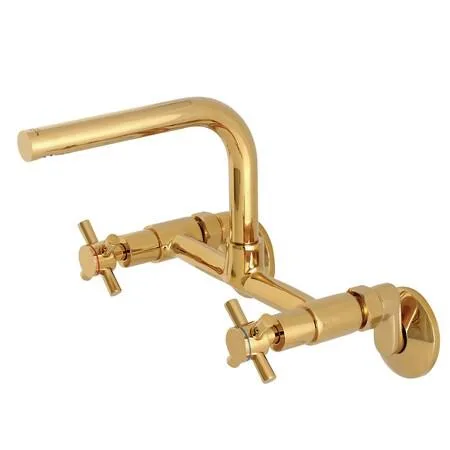 Polished brass wall-mounted kitchen faucet with cylindrical spout and dual handles