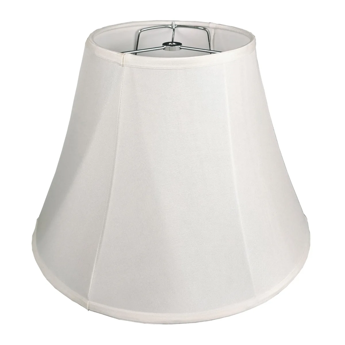 White bell-shaped fabric lampshade on metal frame, 8 by 16 by 12 inches