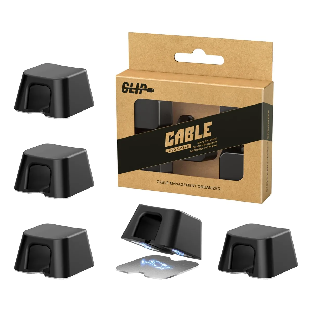 Five black square silicone clips with magnets and adhesive bases