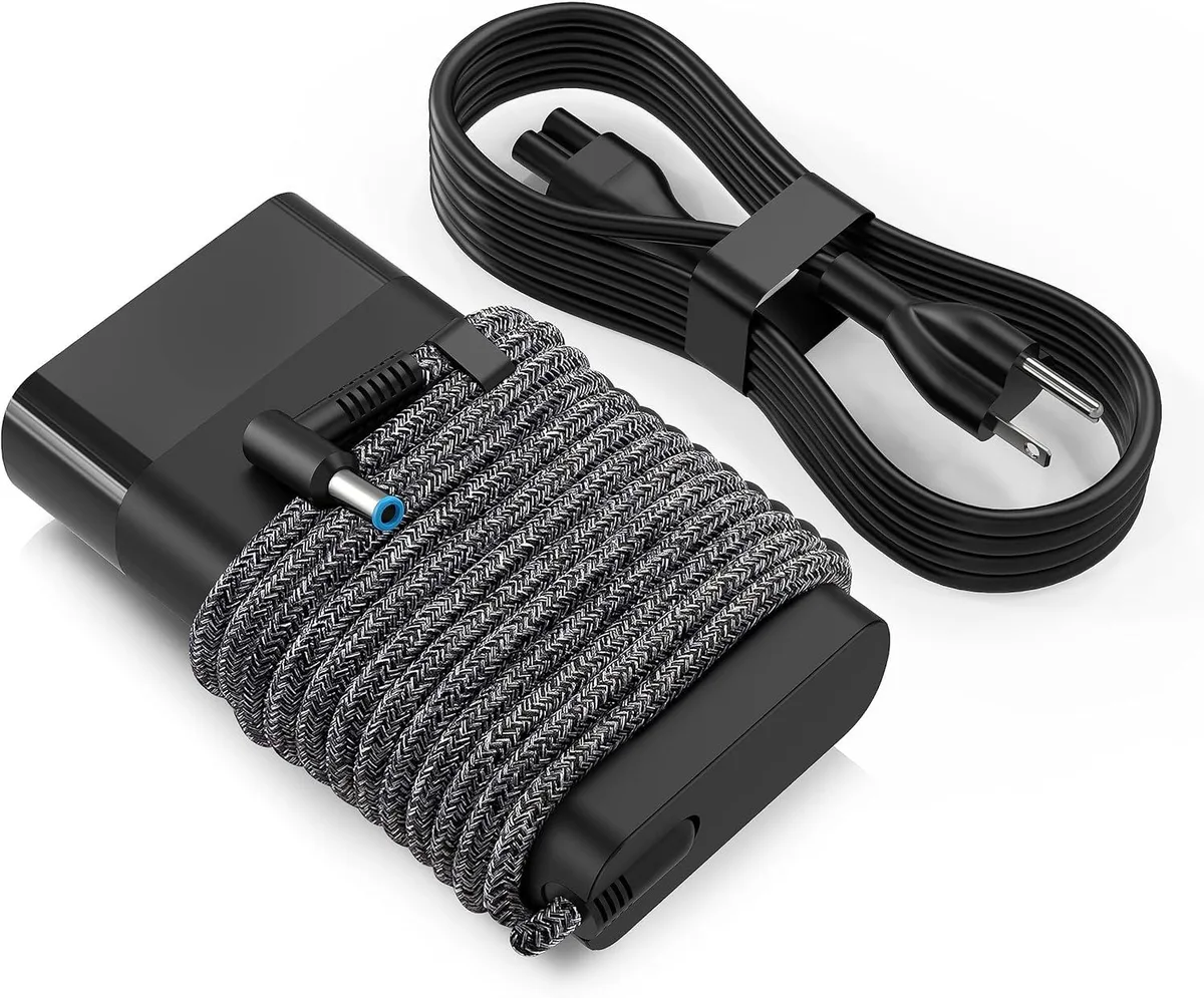 Compact black power brick with blue-tip barrel connector and detachable mains lead