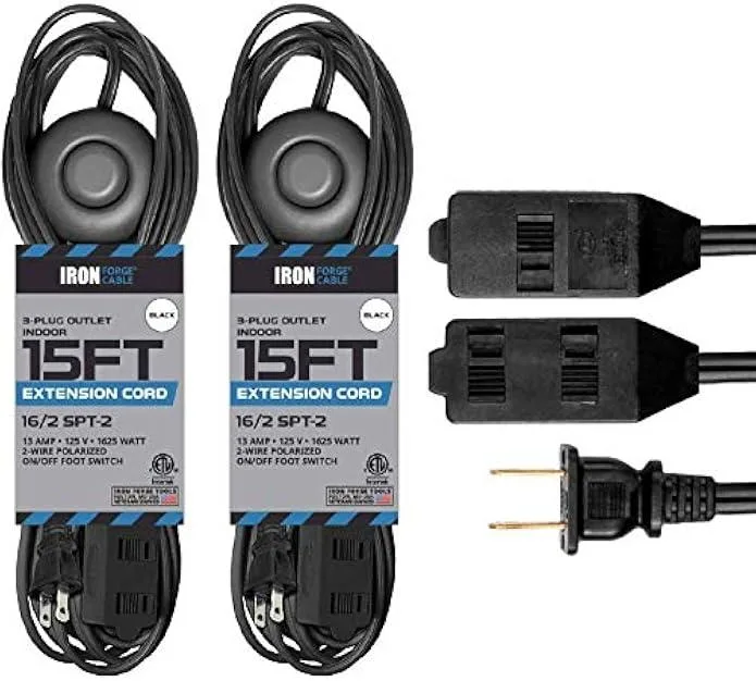 TAURKENAM TAURKENAM 2-pack 15 ft extension cord foot switch 3 outlets 16/2 black power adapter — product photo