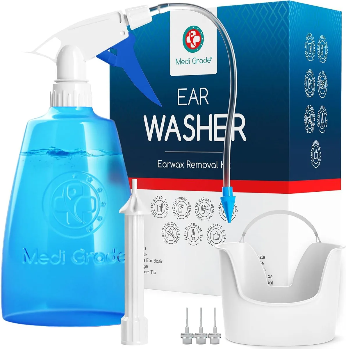 Blue ear irrigation bottle with basin and twelve tips