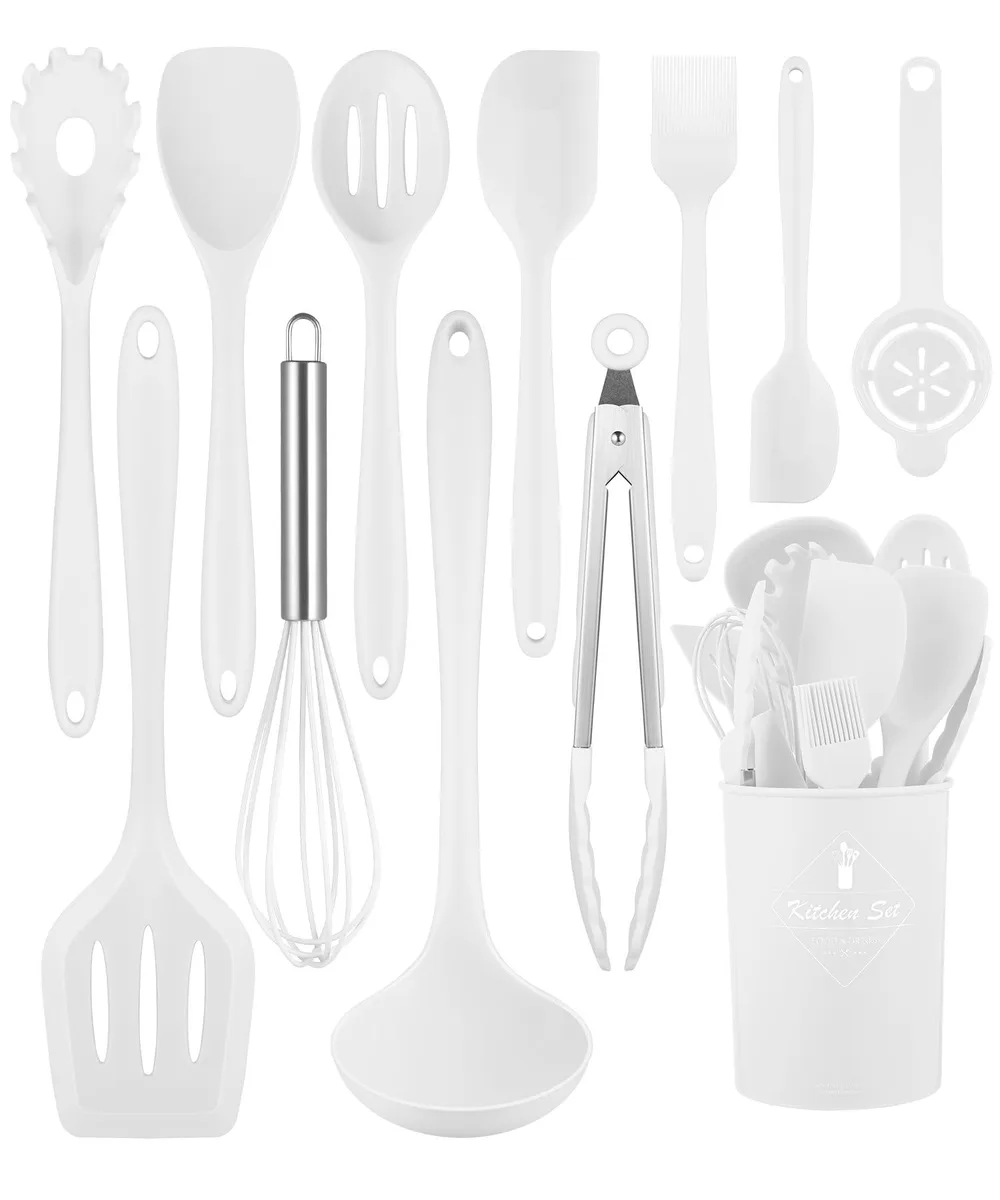 White 12-piece silicone cooking utensil set with holder