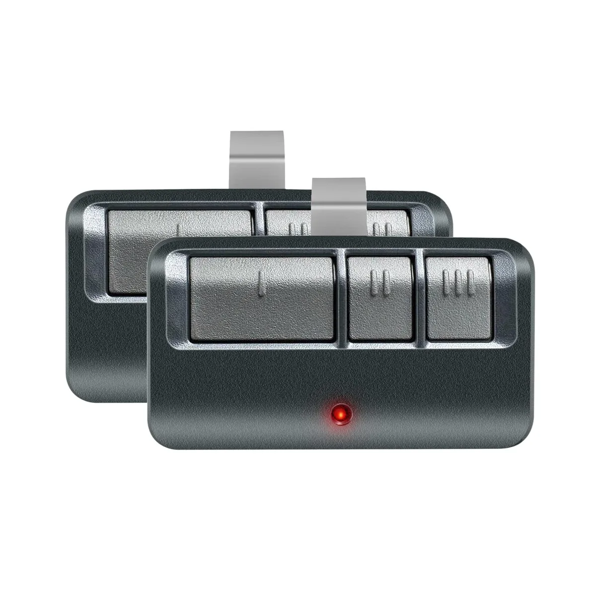 Two black three-button garage door remotes side by side