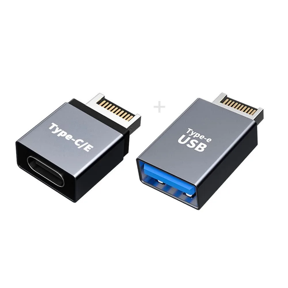 Two small black adapters, one USB-C female, one USB-A female, each with a Type-E male header