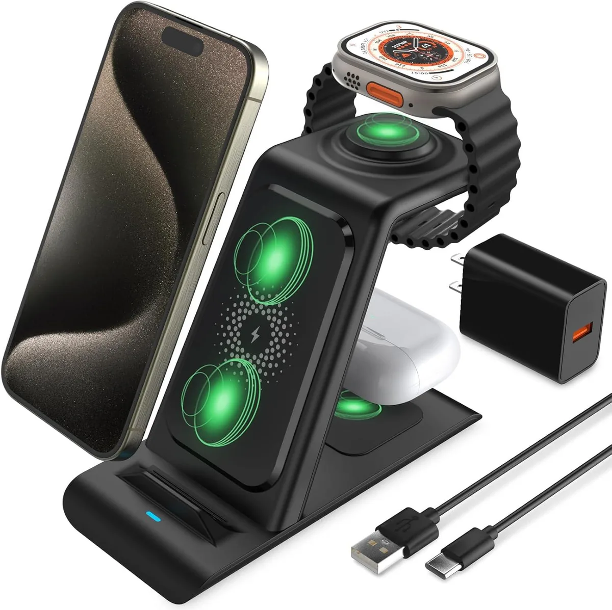 FLEANE FLEANE 3 in 1 Wireless Charger Stand for iPhone 17 16 15 14 13 12 11 X XS Watch Ultra 11 10 9 8 7 SE AirPods — product photo