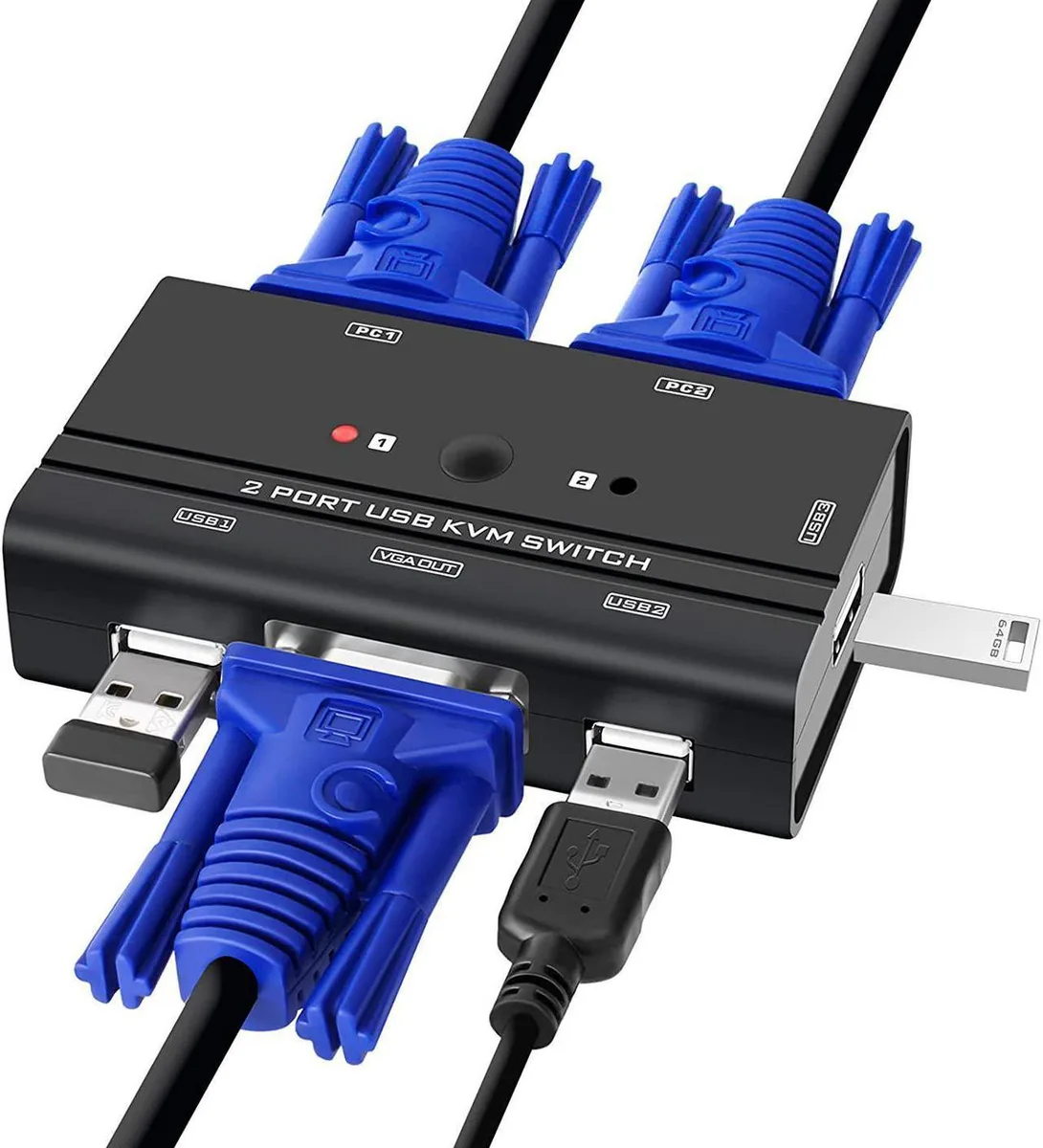 Small rectangular box with front button and LEDs, two attached cables combining VGA and USB connectors