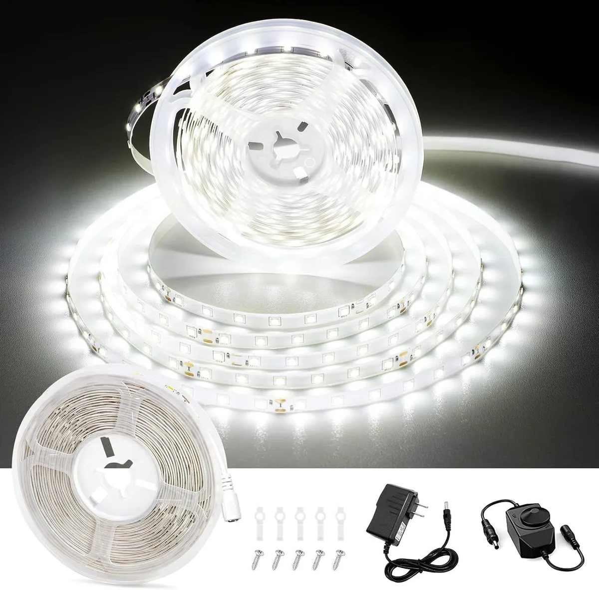 White 24 V LED strip on reel, 49.2 ft total, 300 LEDs, 6000 K daylight, dimmer included