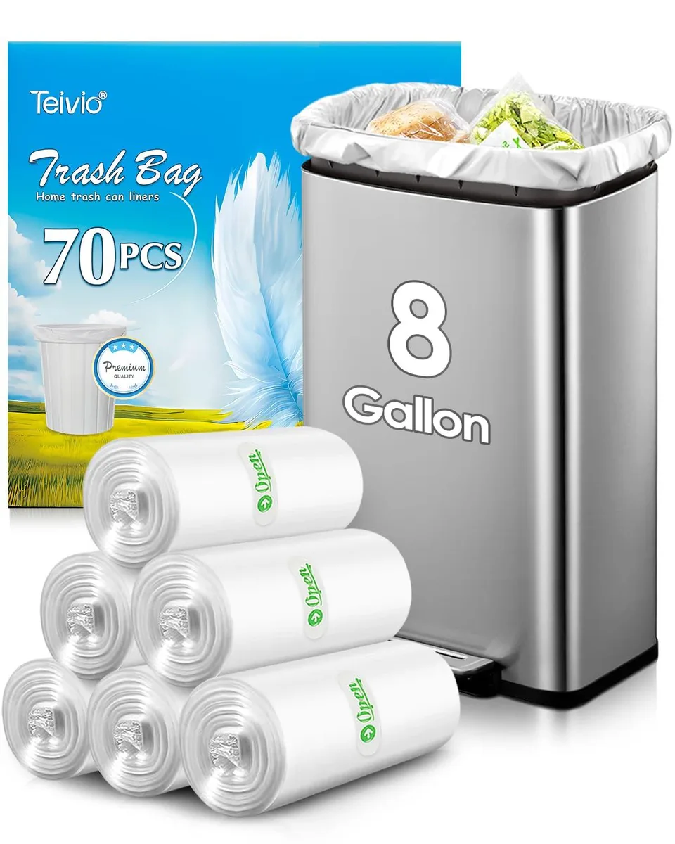Clear plastic garbage bags on a roll, 70-count pack, 8-gallon size