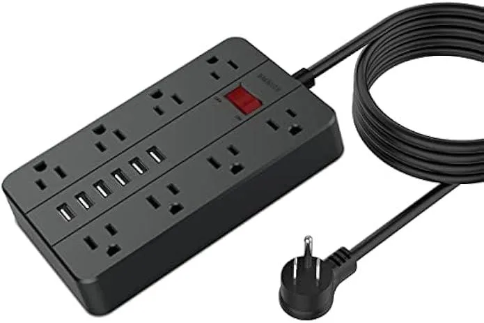Black rectangular power strip with eight widely spaced AC outlets and six USB ports, flat 45° plug, ten-foot cord