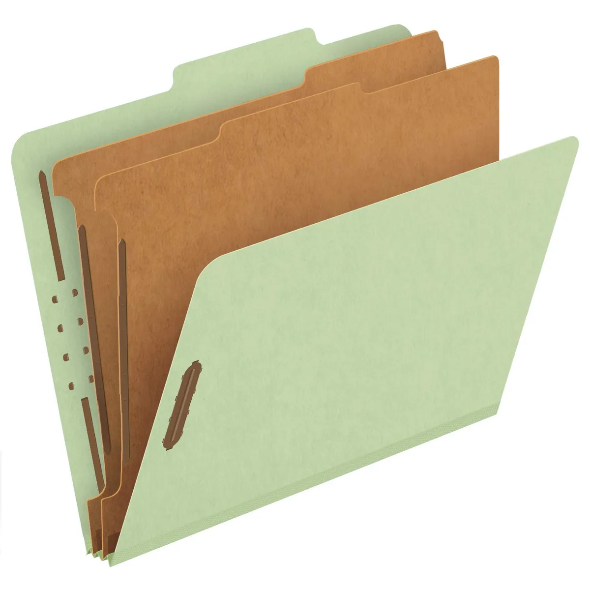 Box of ten light-green letter-size classification folders with pressboard covers and dividers