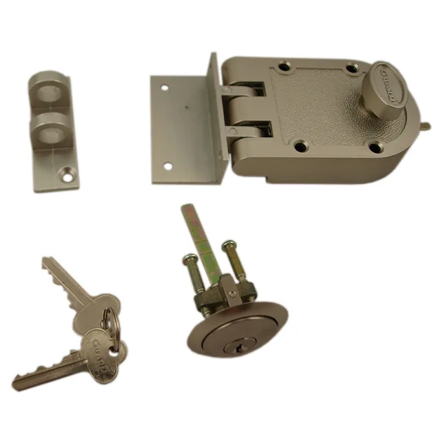 Satin nickel surface-mounted deadlock with twin vertical bolts and two strike plates