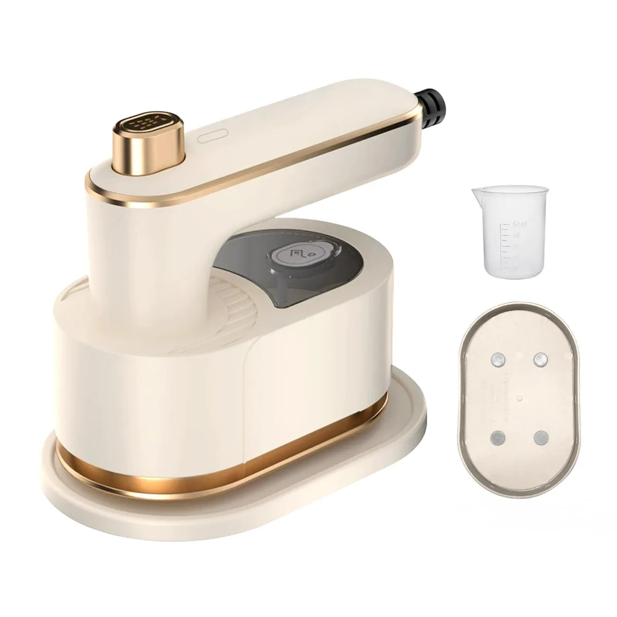 White compact handheld steamer with foldable handle and non-stick soleplate