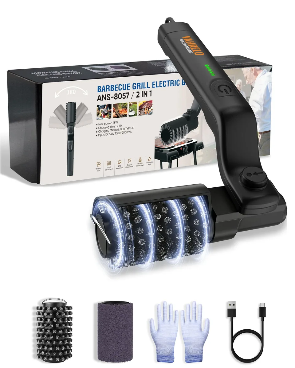 Cordless electric grill brush with adjustable angled head and interchangeable steel bristle attachments