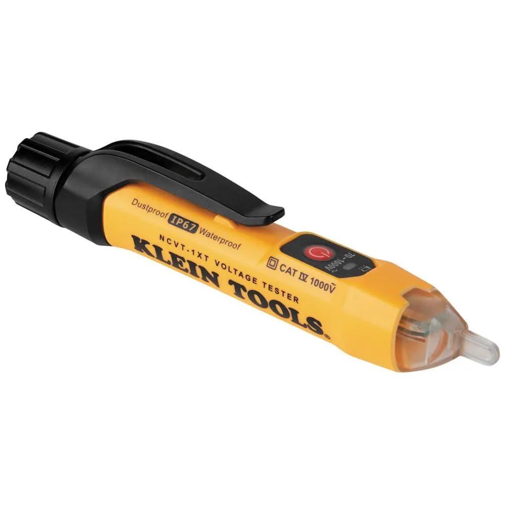 Yellow pen-shaped voltage tester with pocket clip and green LED tip