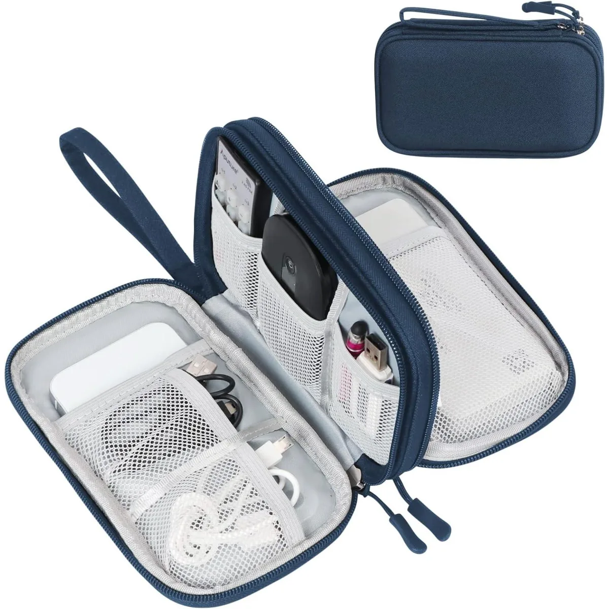 Navy rectangular tech pouch with zipper and hand strap