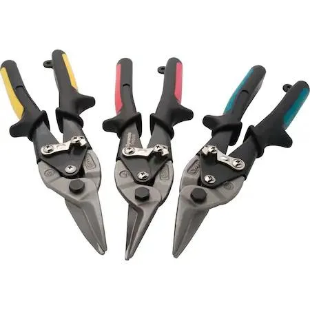 Three aviation snips with colour-coded comfort grips