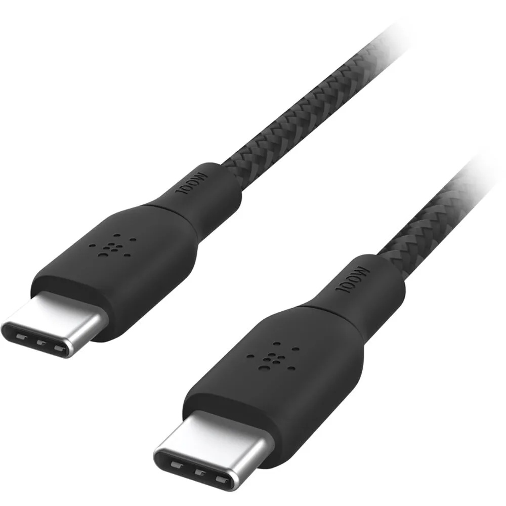 Black double-braided USB-C to USB-C cable with male connectors on both ends