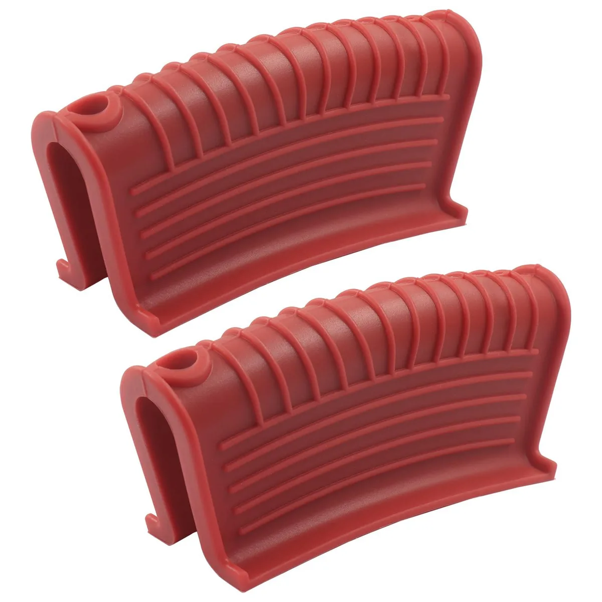 Two red silicone pot handle covers with textured grip and hanging holes