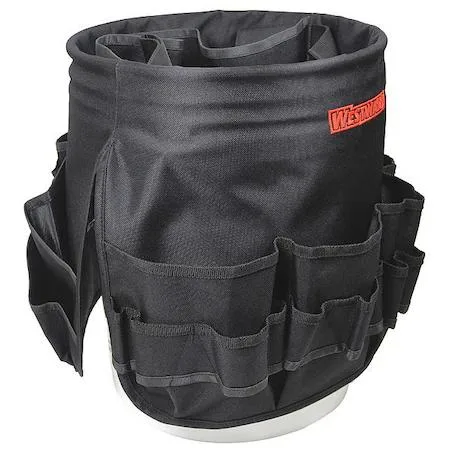 Black polyester bucket tool organizer with 55 pockets and removable bag