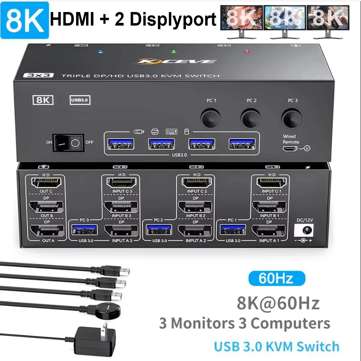 AUTYUE AUTYUE HDMI + 2 DisplayPort Triple Monitor KVM Switch 3 PC 3 Monitors 8K@60Hz/4K@144Hz 4 USB 3.0 — product photo