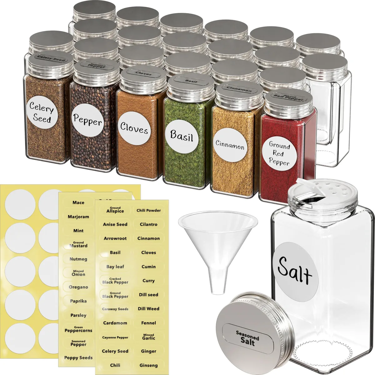 Twenty-four clear square glass spice jars with red shaker lids, funnel and labels