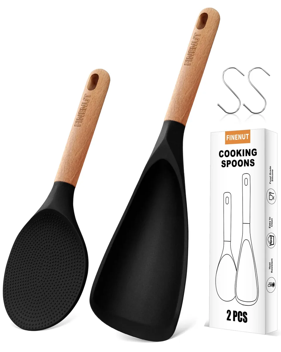 Two black 11inch silicone spoonulas with wooden handles