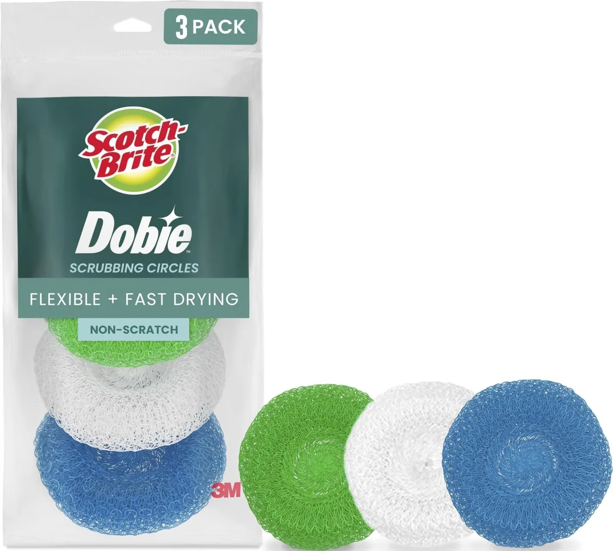 Three circular white plastic scrubbing pads in clear packaging
