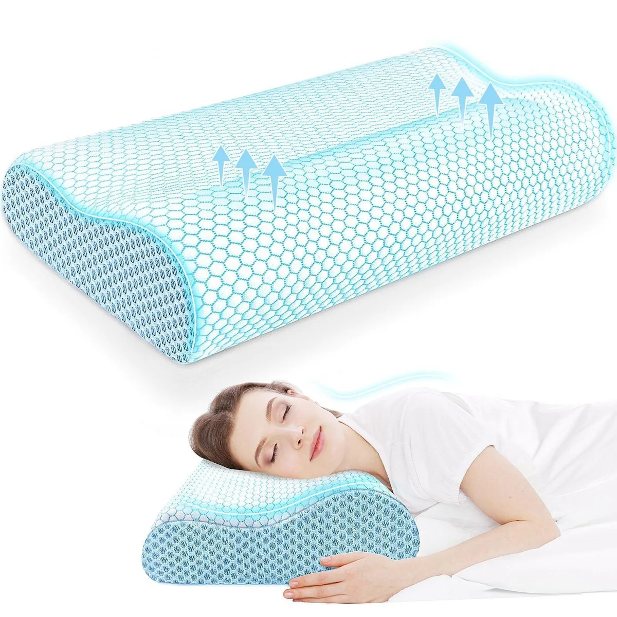 Blue standard-size cervical pillow with dual-height contour, 10 pack