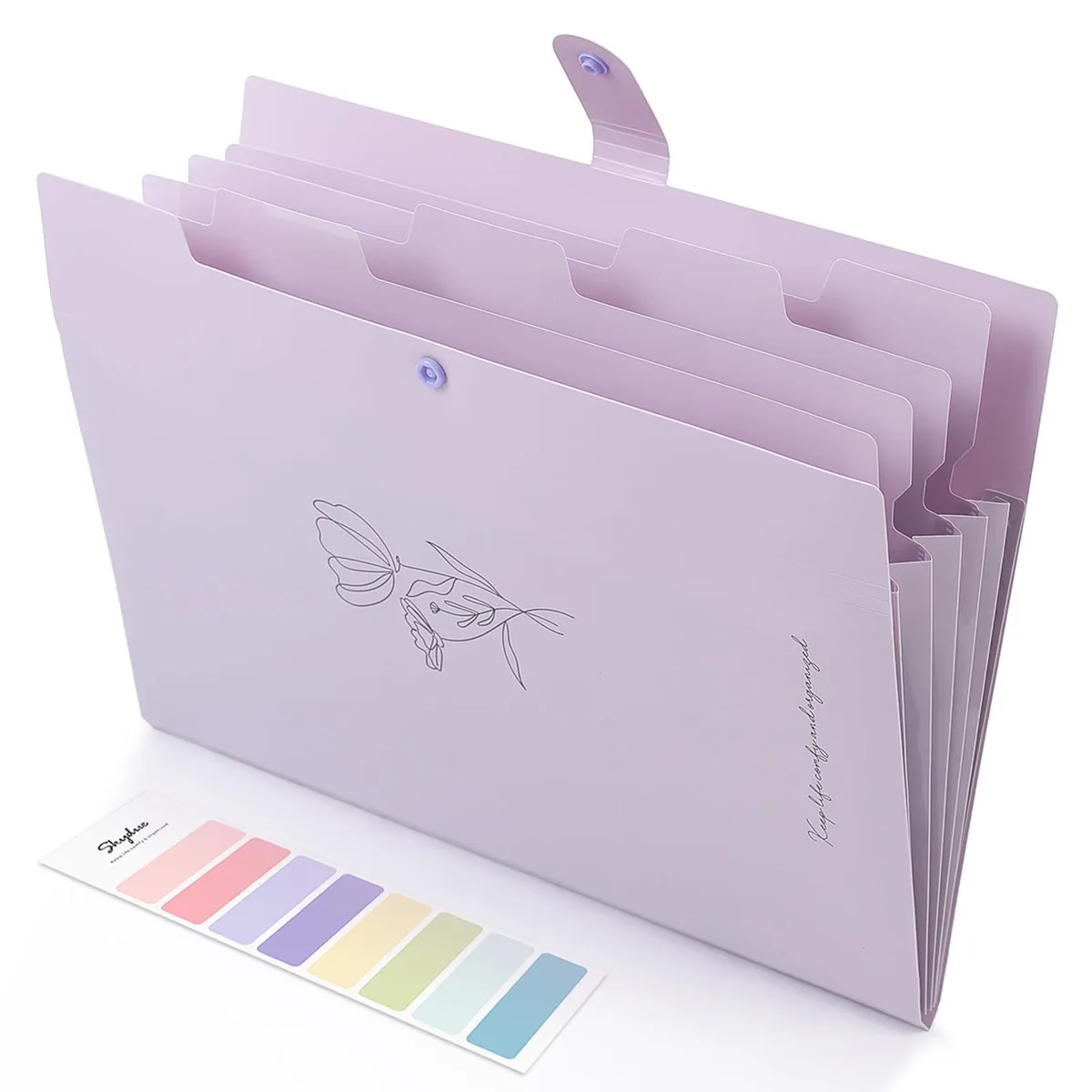 Lilac polypropylene expanding file with five pockets and tab labels, two per pack