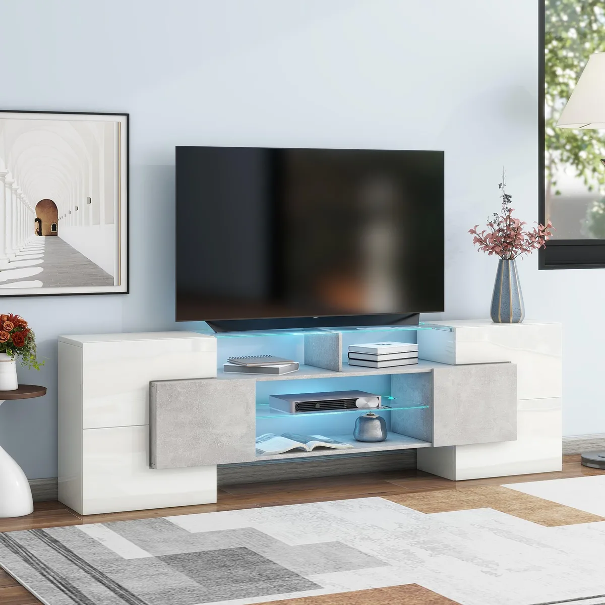 tuphen tuphen TV Stand 88" Grey Illuminated Glass Shelves — product photo