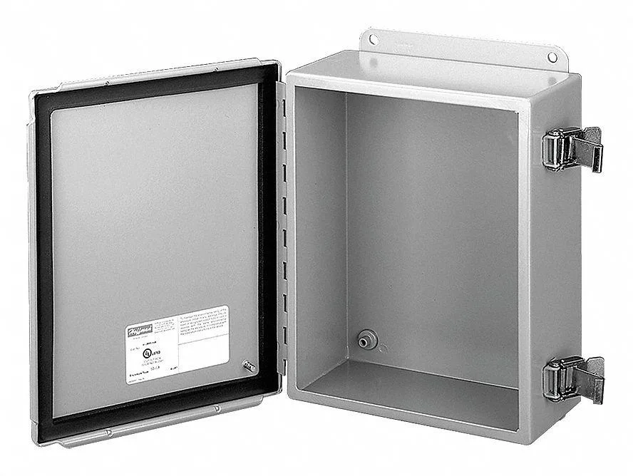 Gray powder-coated carbon steel electrical enclosure with hinged solid cover and quick-release latch, 6 by 6 inches, 4 inches deep