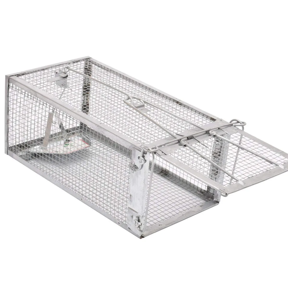 Small rectangular galvanized steel cage trap with mesh sides and a spring-loaded door mechanism