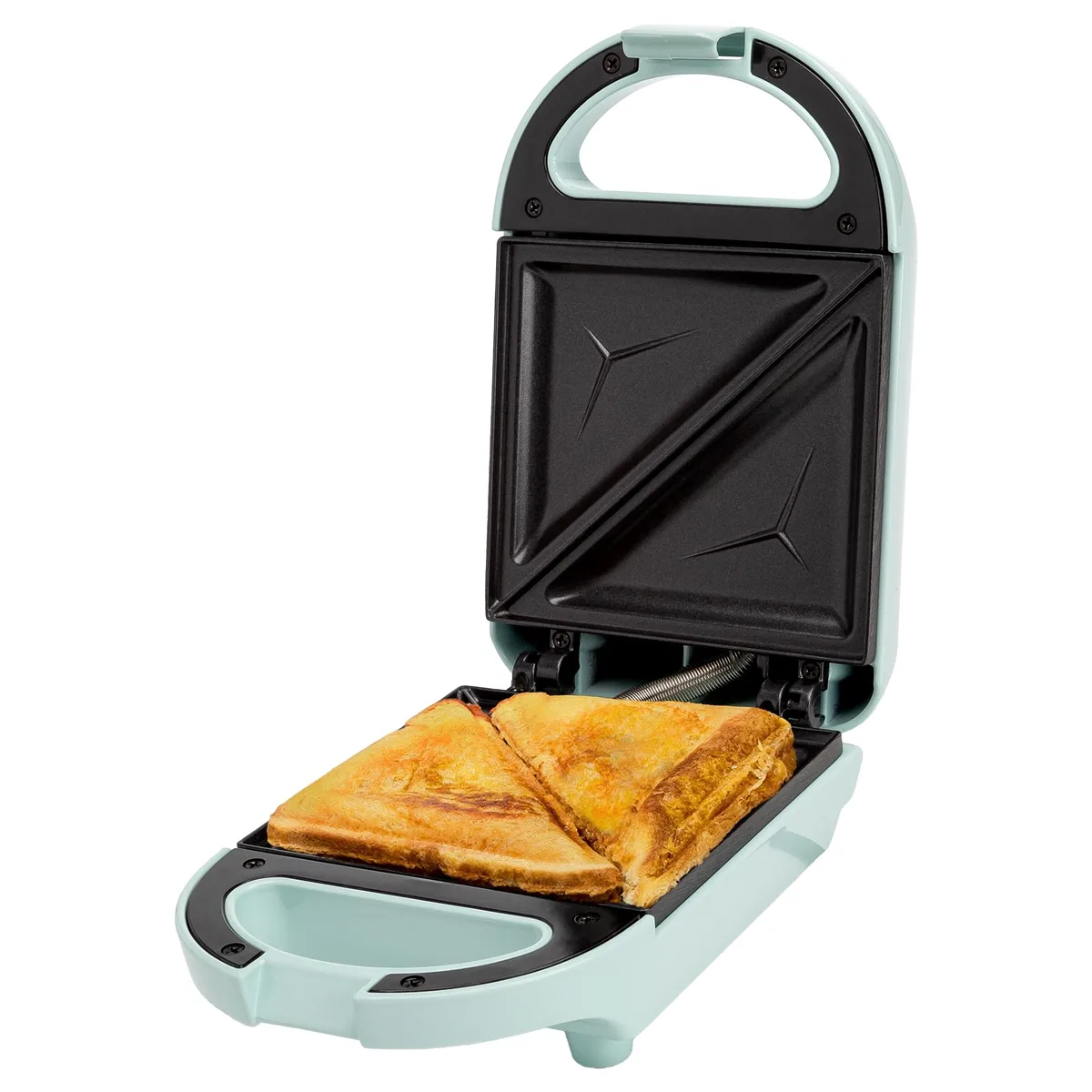 Compact aqua mini sandwich maker, rounded rectangular shape, smooth glossy finish, non-stick plates visible inside