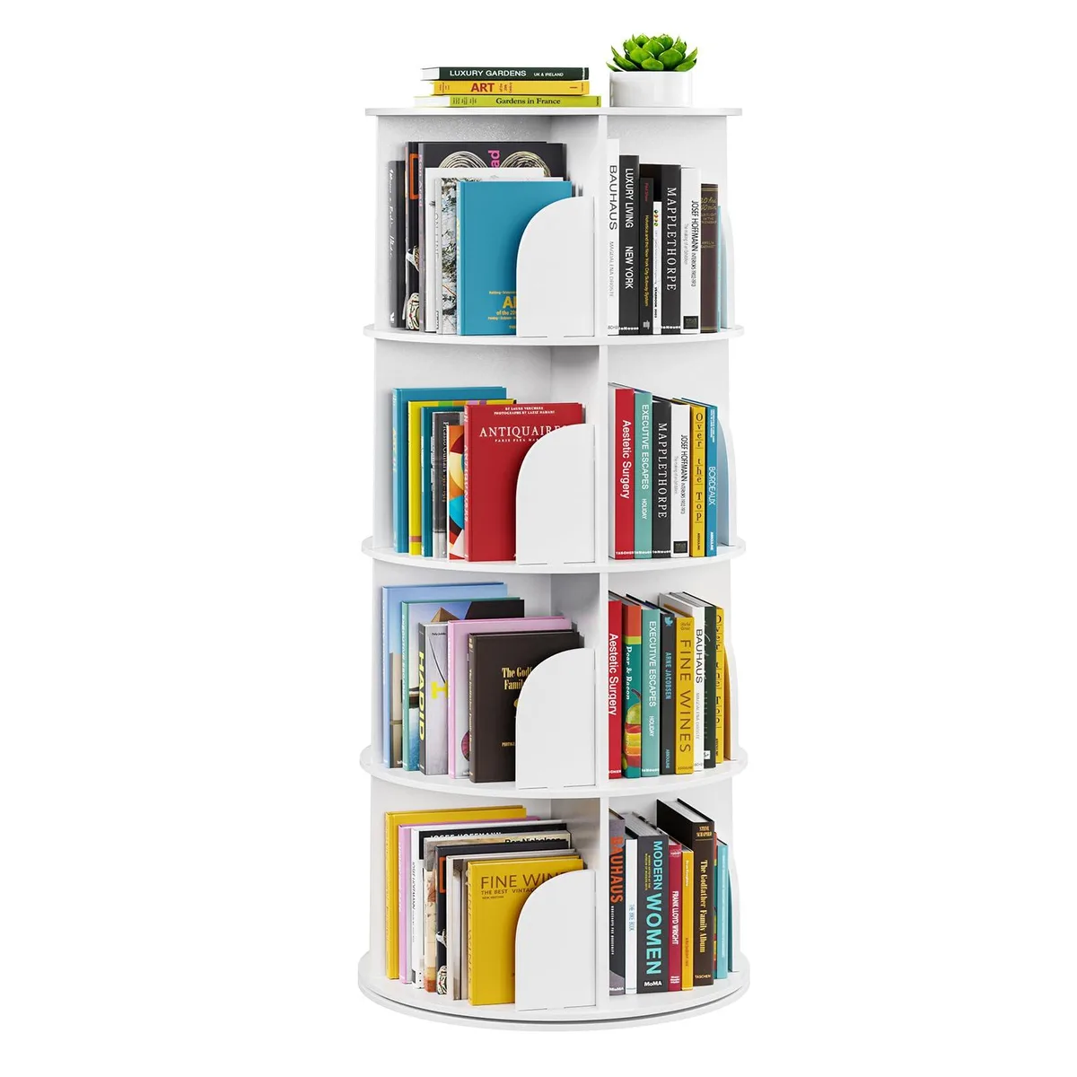 White four-tier rotating bookshelf tower, 18.1 inch square by 50 inches high, wood and plastic construction