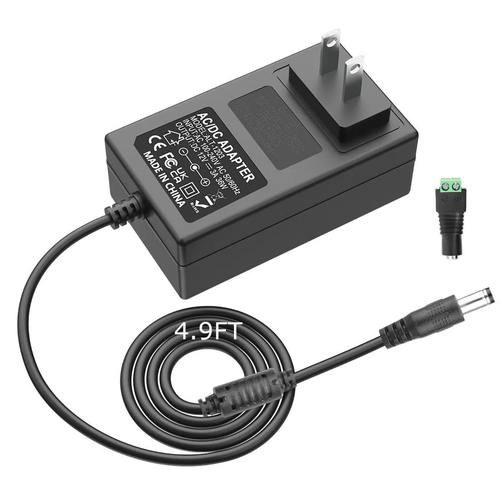 Black Arkare 12V 3A power adapter with 5.5x2.5mm jack and 4.9FT cord