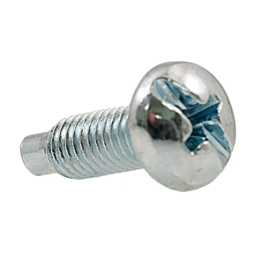 A clear plastic box holding fifty silver pan-head Phillips screws with pilot points