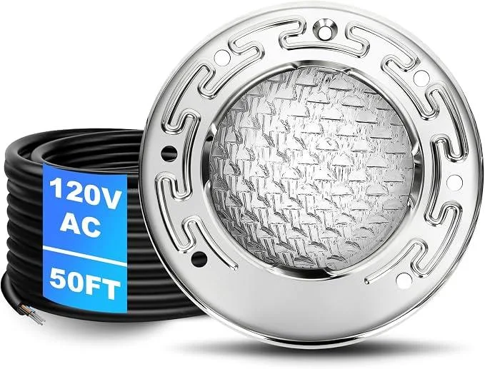 Six-inch stainless steel underwater pool light with fifty-foot cable