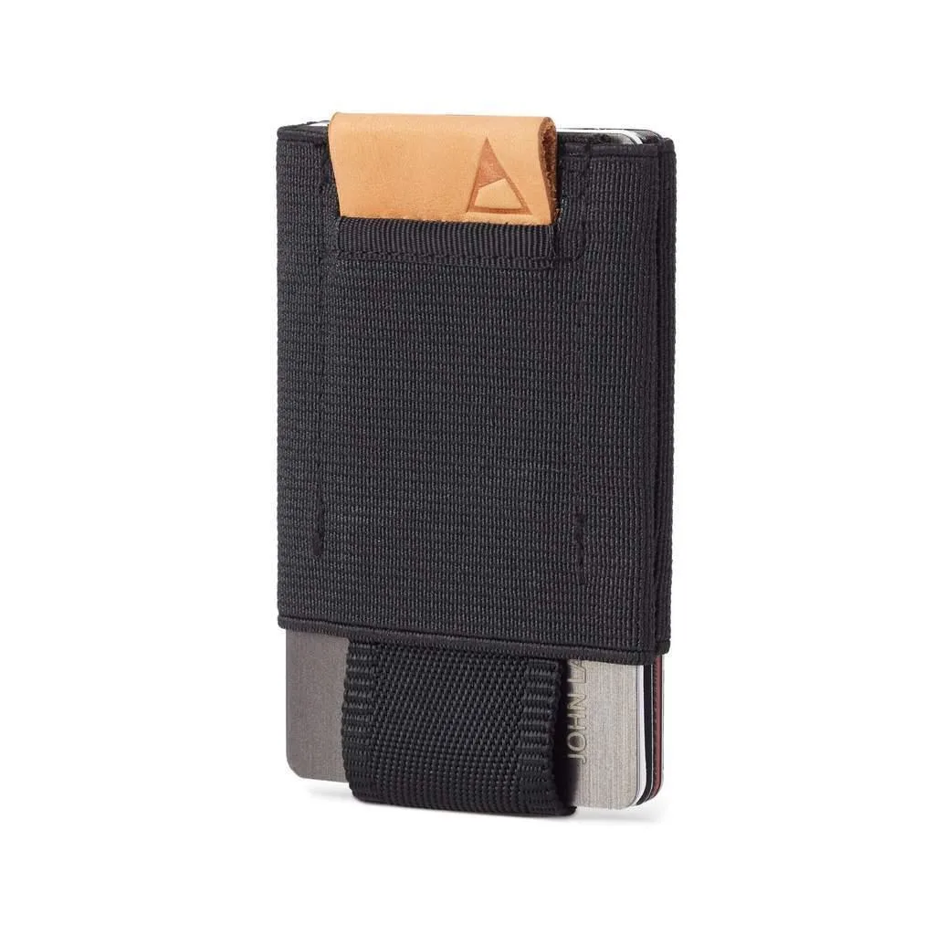 Black slim wallet with leather pull tab visible