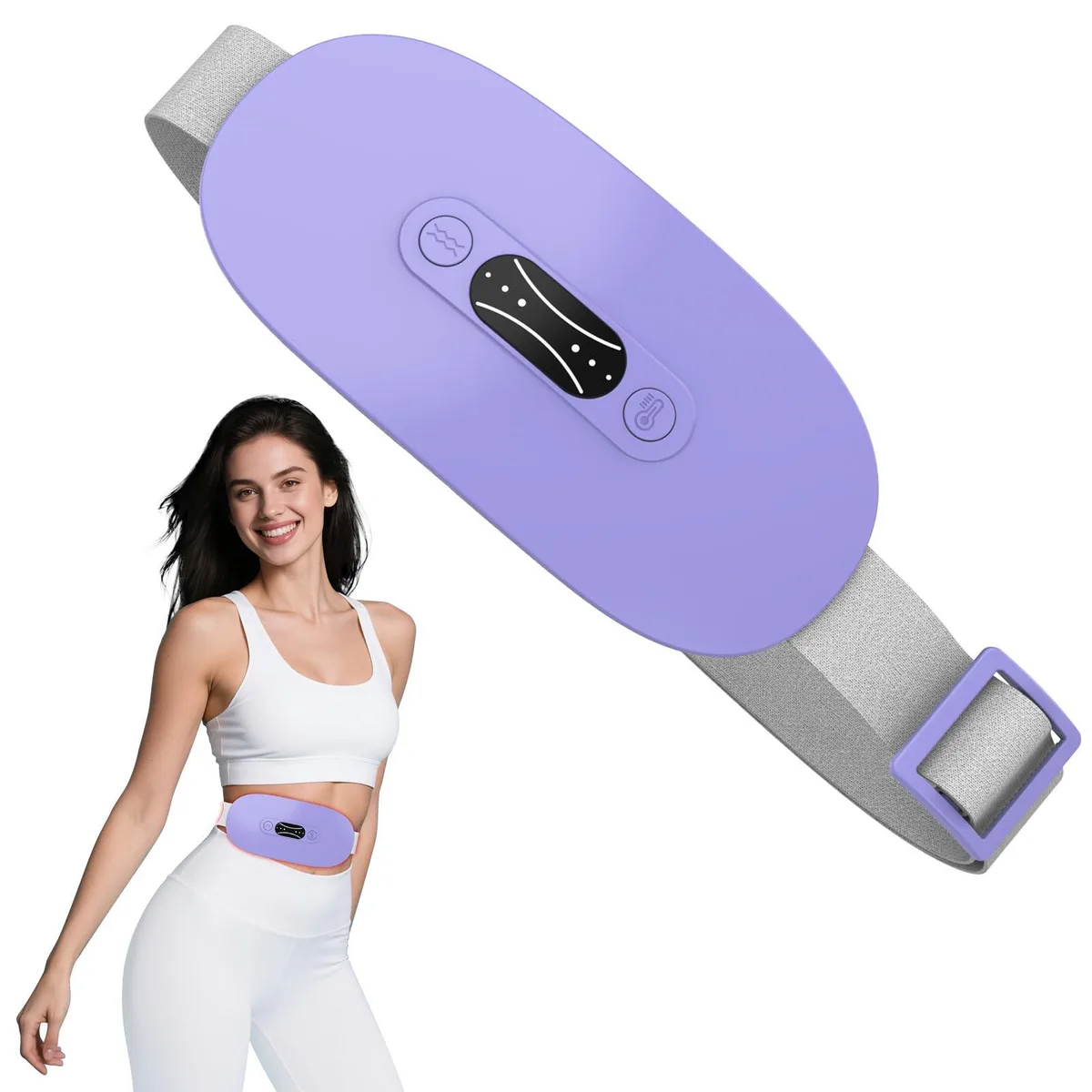 Blue cordless waist belt massager with soft suede surface and adjustable strap