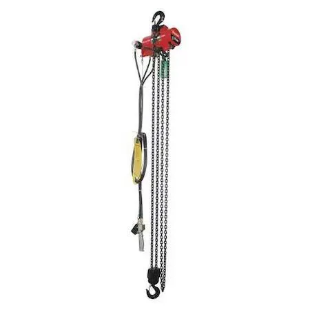 Compact cast-aluminum air chain hoist with hook mount and pendant control, silver-grey finish