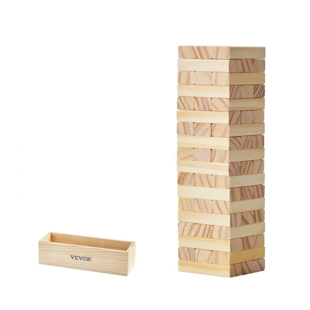 Fifty-four smooth pine blocks in a wooden crate, twenty-eight with domino dots