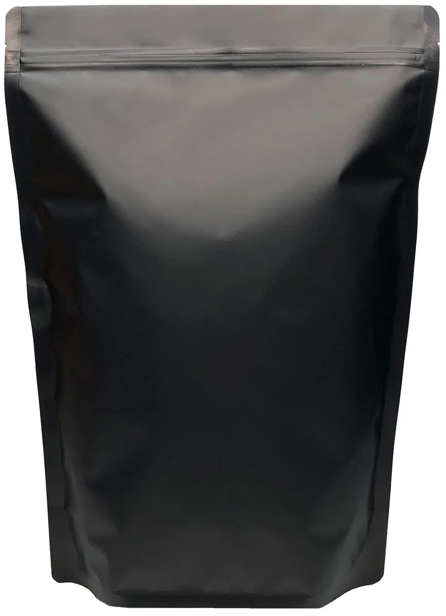 Fifty matte-black stand-up pouches 10 by 14 inches with 3.5-inch gusset