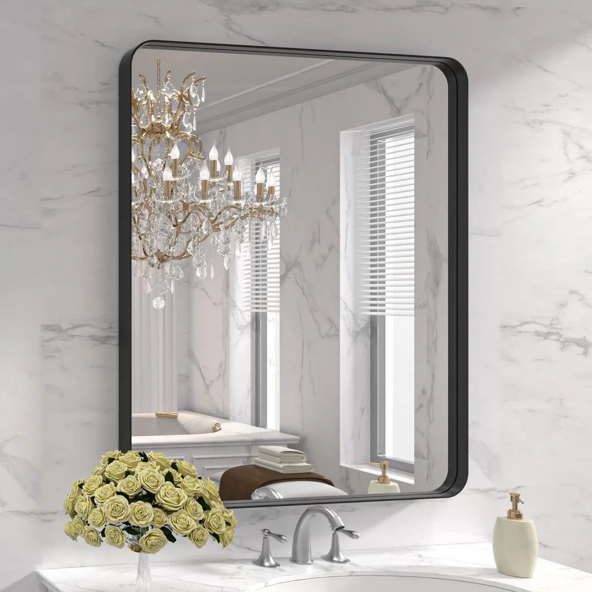 White rectangular bathroom mirror with metal frame, 30 by 36 inches, hangs horizontally or vertically