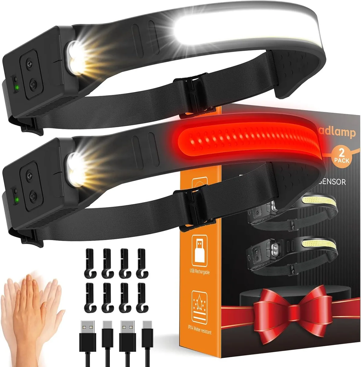 Two black rechargeable headlamps with wide front lenses and adjustable straps