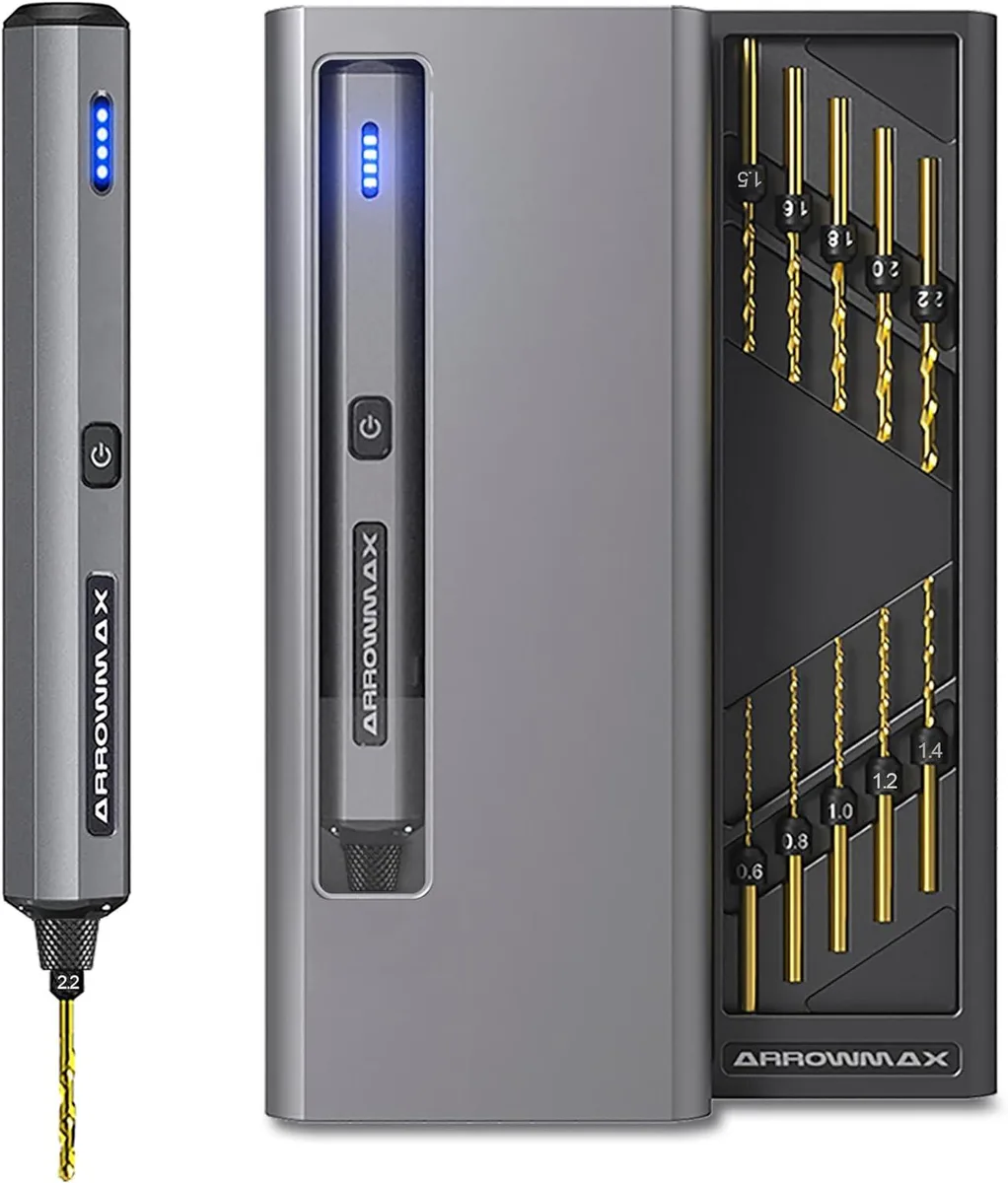 Arrowmax cordless mini drill in aluminium case with 10 HSS bits and LED lights