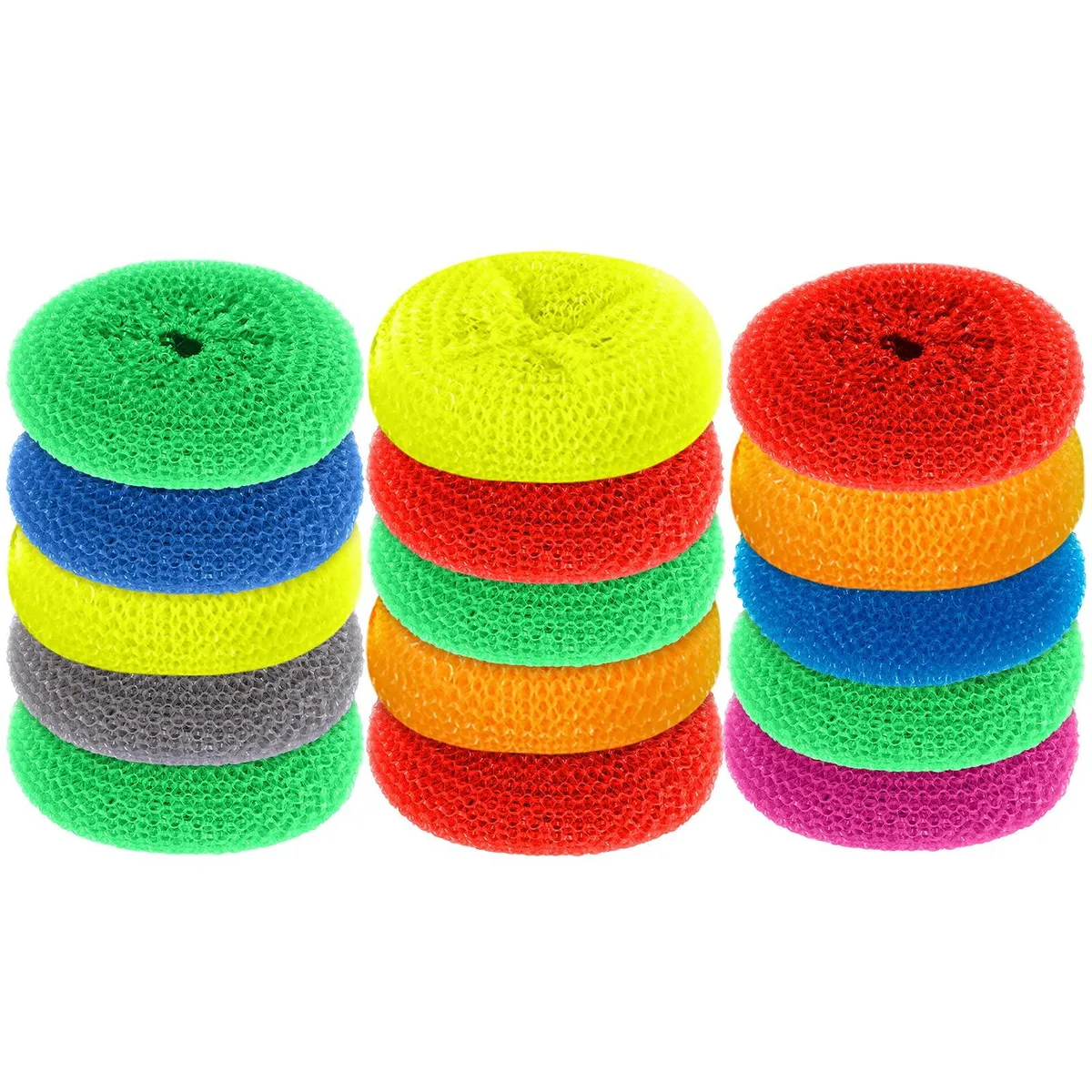  3M 15-piece plastic dish scrubbers, 3.1 in, rainbow colours — product photo