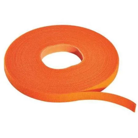 Orange hook-and-loop cable tie roll on spool, .5 in wide, 75 ft length